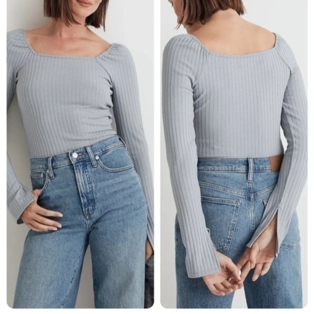 Madewell Craft Blue Ribbed Square Neck Long Sleeve Tee Medium